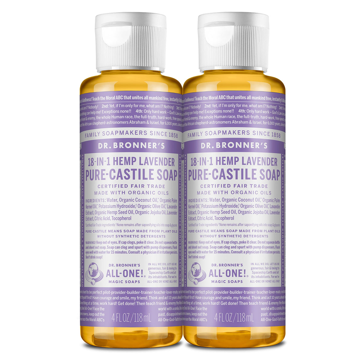 Dr. Bronner'S Lavender Pure-Castile Liquid Soap, 18-In-1 Uses, Vegan, 4 Oz (2-Pack