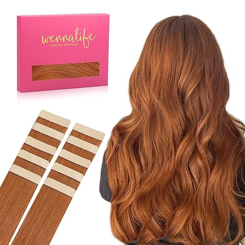 WENNALIFE 16&quot; Dirty Ginger Tape in Hair Extensions, 10pcs Remy Human Hair, Soft & Invisible