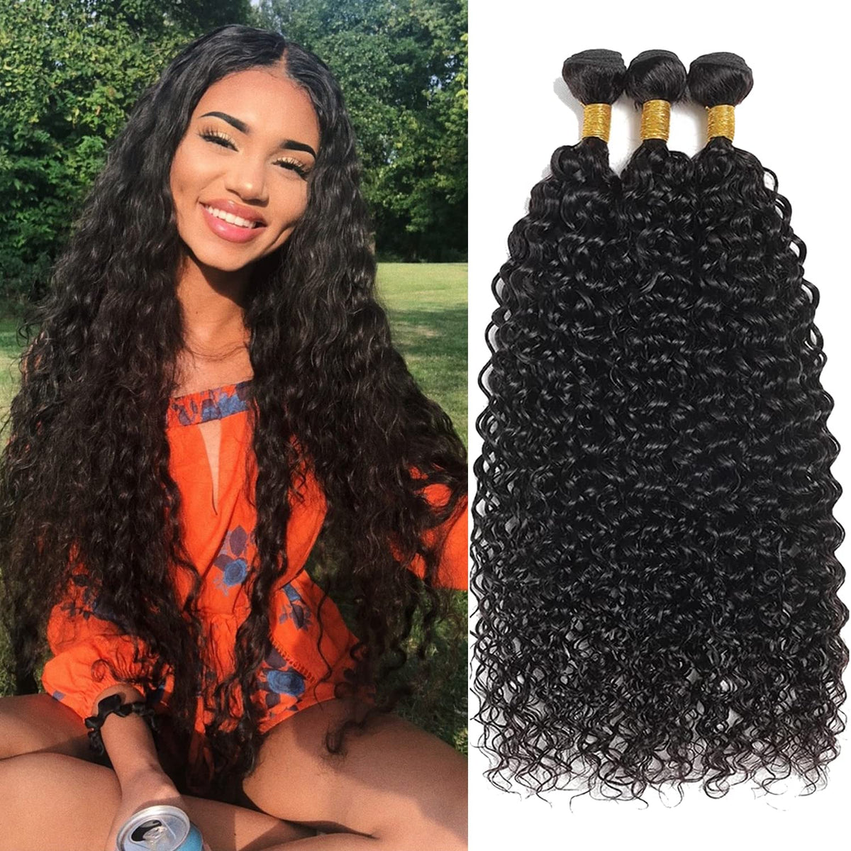 Gemmrnny 12 14 16 Inch Deep Wave Human Hair Bundles, Natural Black, Soft Brazilian Virgin Hair