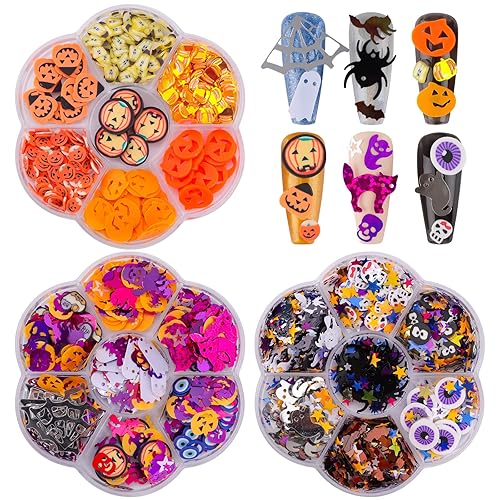 Kalolary 3D Halloween Nail Art Glitter Sequins - Skull, Spider, Pumpkin, Bat Confetti (3 Boxes)