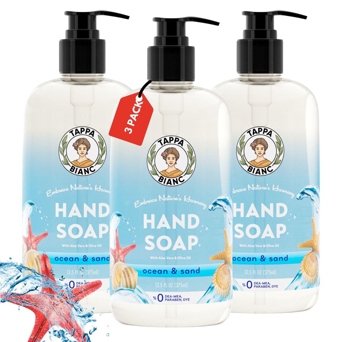 Tappa Bianc Liquid Hand Soap, Ocean & Sand Scent, Non-Toxic, 12.5 Fl Oz, Pack Of