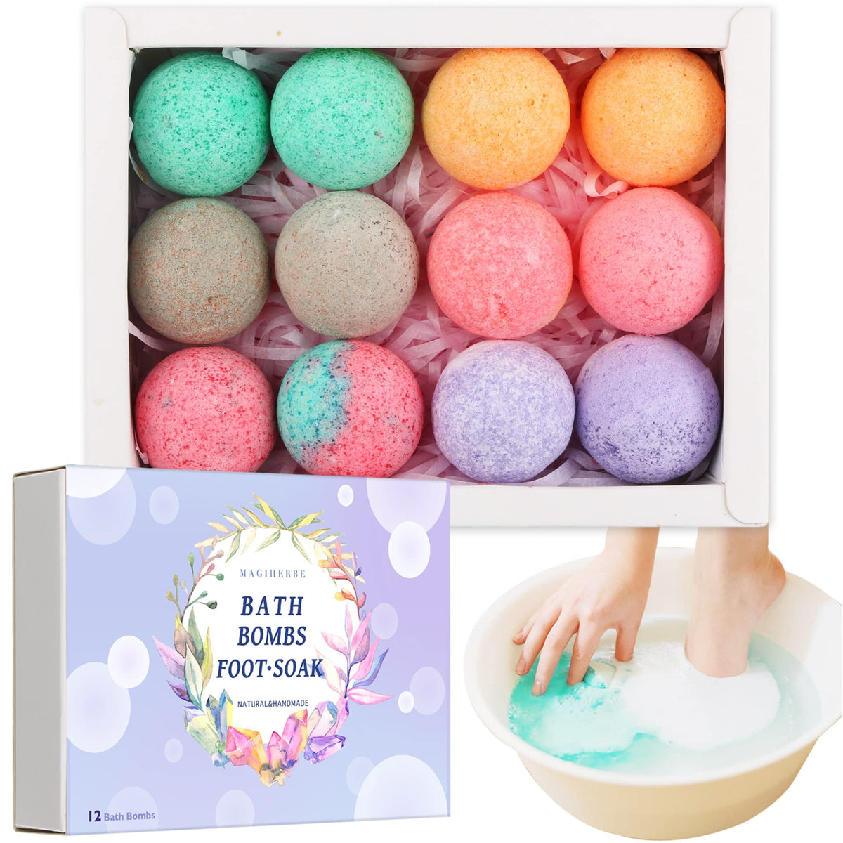 Magiherbe Foot Bath Bombs 12 Pack - Organic Foot Soak With Essential Oils For Tired, Cracked Feet