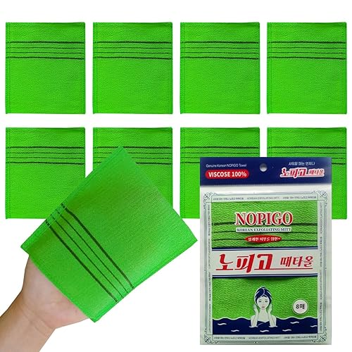 Nopigo Korean Exfoliating Bath Washcloth Mitt, Green, 8-Pack - Dead Skin Remover Scrubber