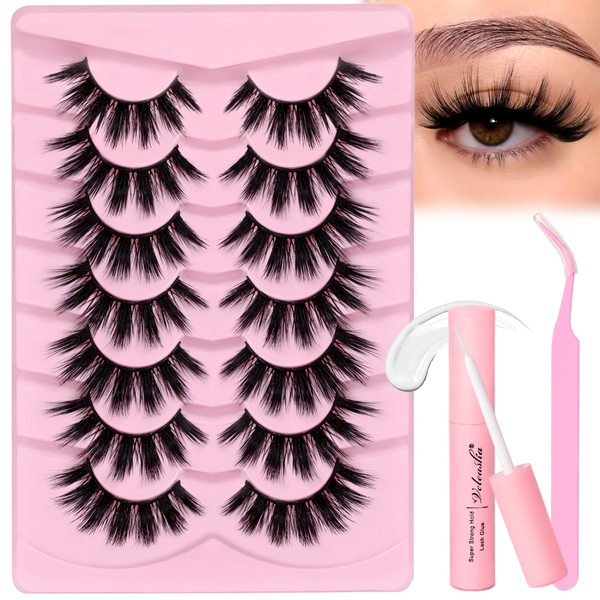 Veleasha 5D Faux Mink Lash Kit with Glue & Tweezer - 7 Pairs Fluffy Wispy Eyelashes