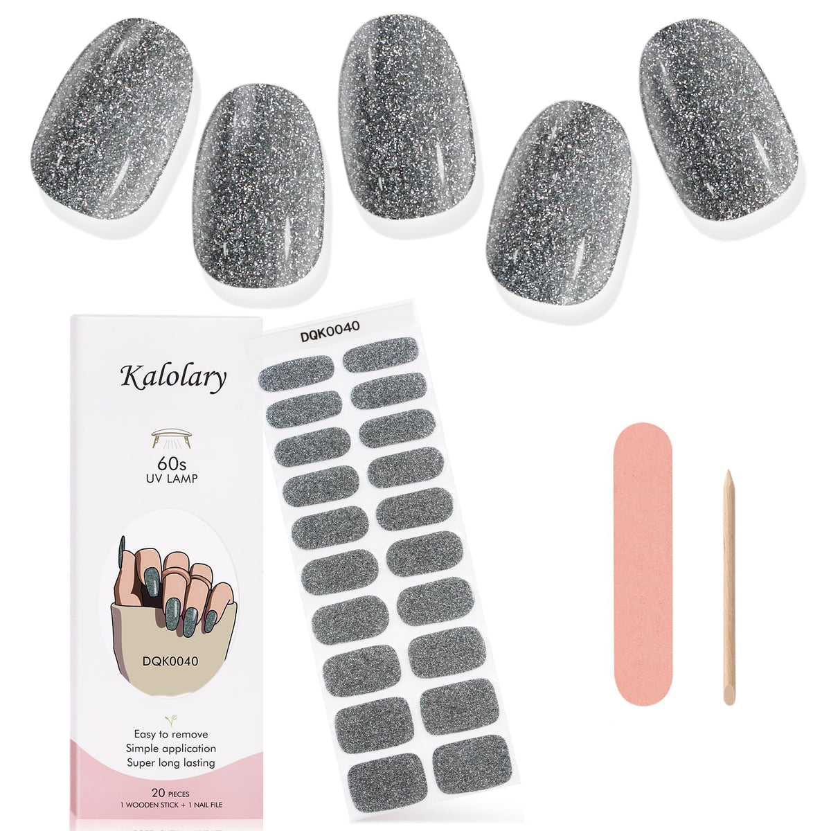 Kalolary Silver Glitter Gel Nail Polish Wraps - Waterproof Full Nail Art Decal Kit