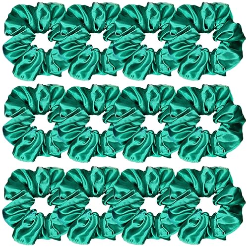 Sufermoe 12 Pcs Dark Green Satin Silk Hair Scrunchies for Women and Girls - Hair Ties and Bands