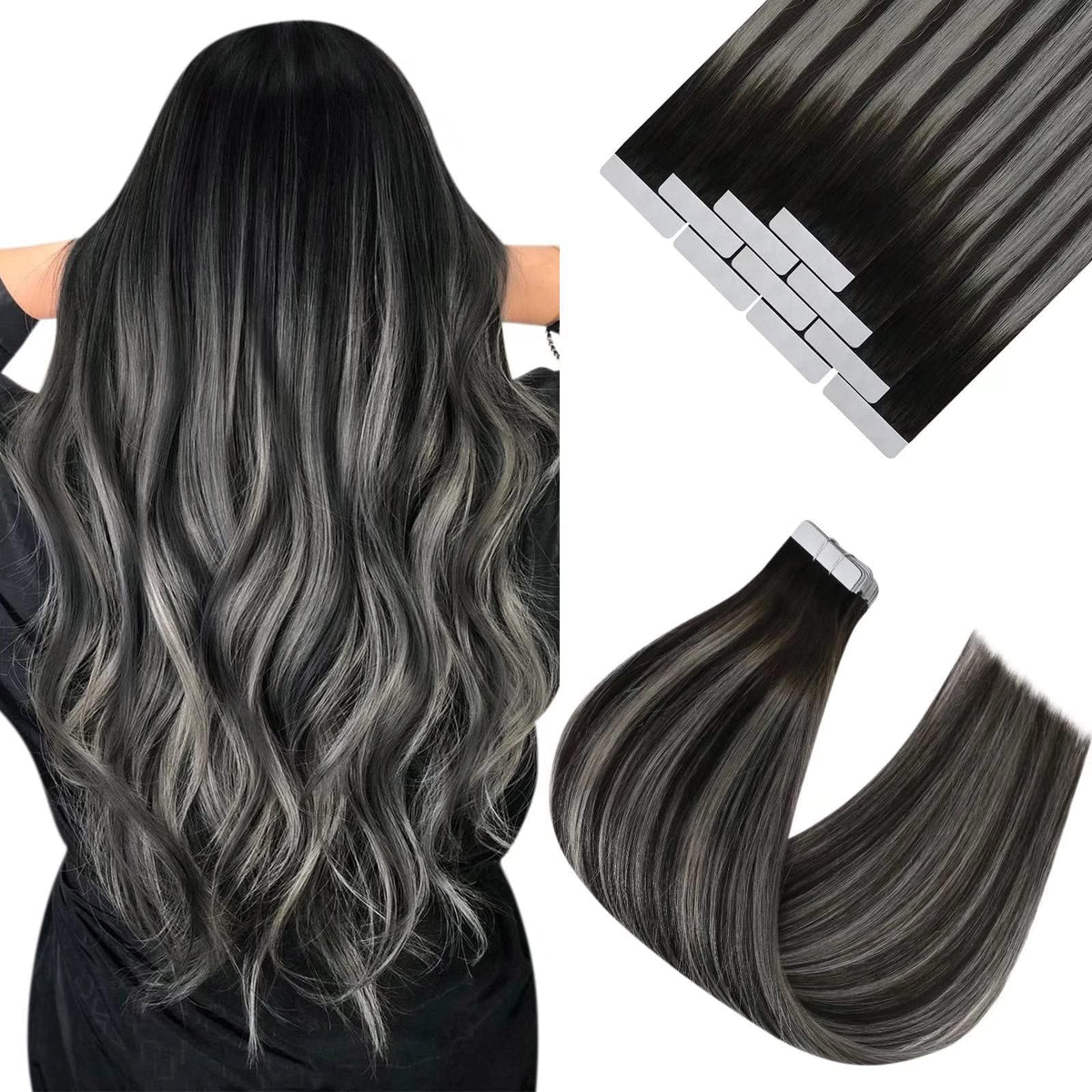 Ve Sunny 24&quot; Balayage Tape In Hair Extensions - Black Highlight Silver, Real Human Hair, 10Pcs