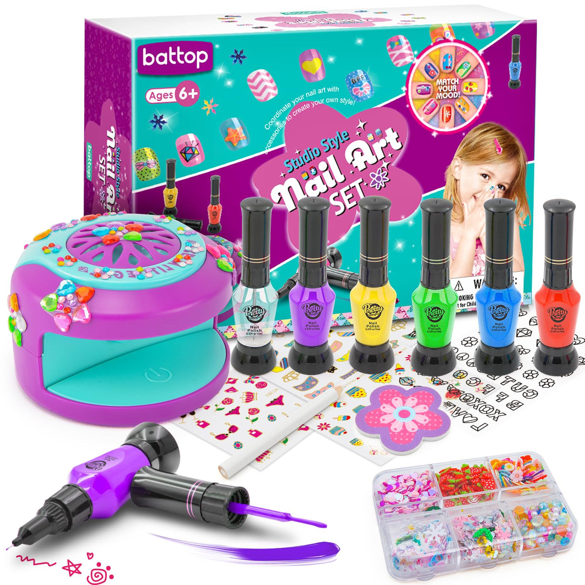 Battop Kids Nail Polish Set With Dryer, Water-Based Polish, 3D Decor & Stickers - Birthday Gift For Girls