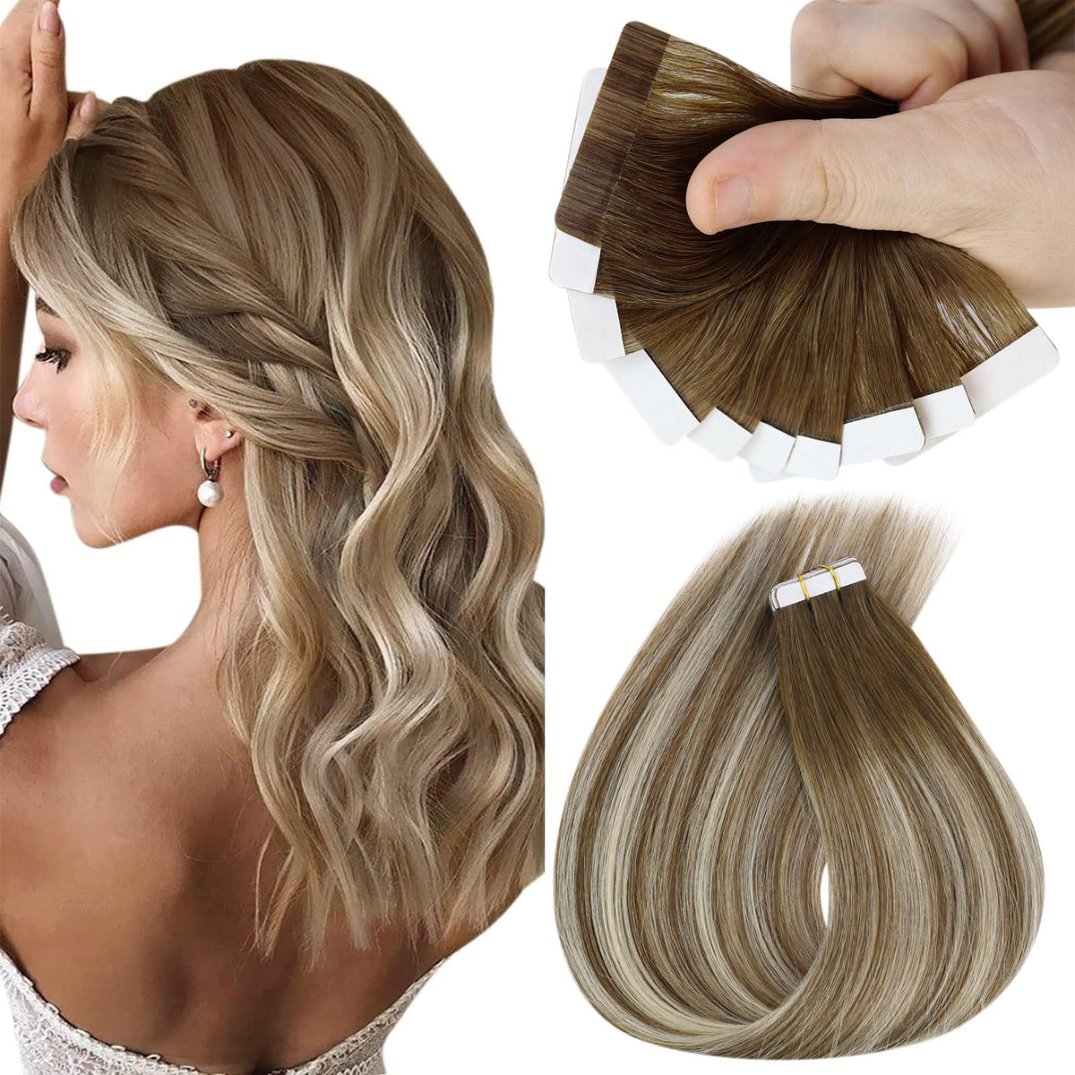 Sunny Hair Ombre Blonde Tape In Extensions, 22&quot; Remy Human Hair, Balayage Brown Platinum