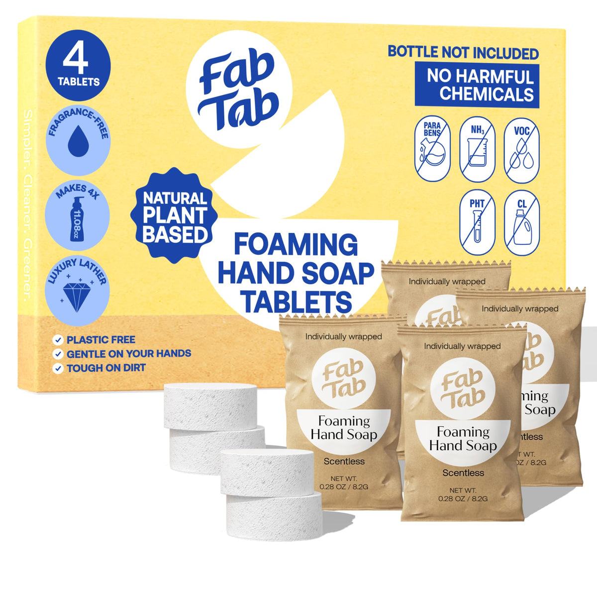 Fabtab Natural Foaming Hand Soap Kit - 4 Pack, Scentless, Plant-Based, No Harsh Chemicals