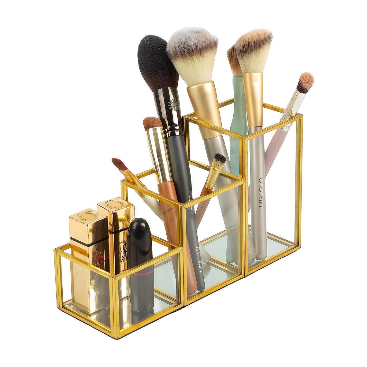 Eqey Gold Glass Makeup Brush Holder - 3 Compartment Organizer For Bathroom, Kitchen, Vanity