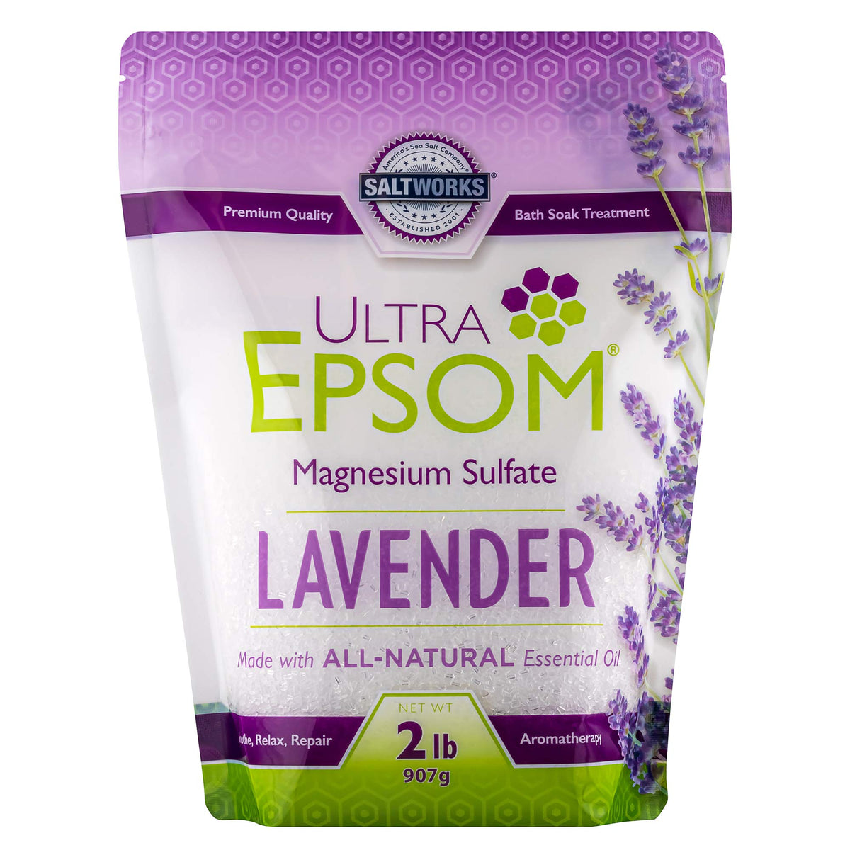 Saltworks Lavender Scented Epsom Bath Salt, 2 Lb Translucent White Crystals