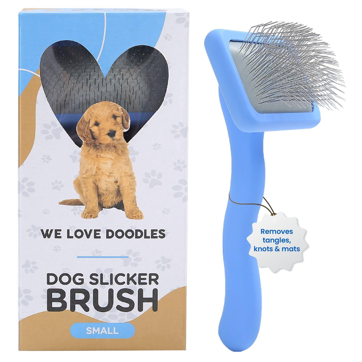 We Love Doodles Dog Slicker Brush - Best Grooming Tool For Poodles & Goldendoodles - Small Blue