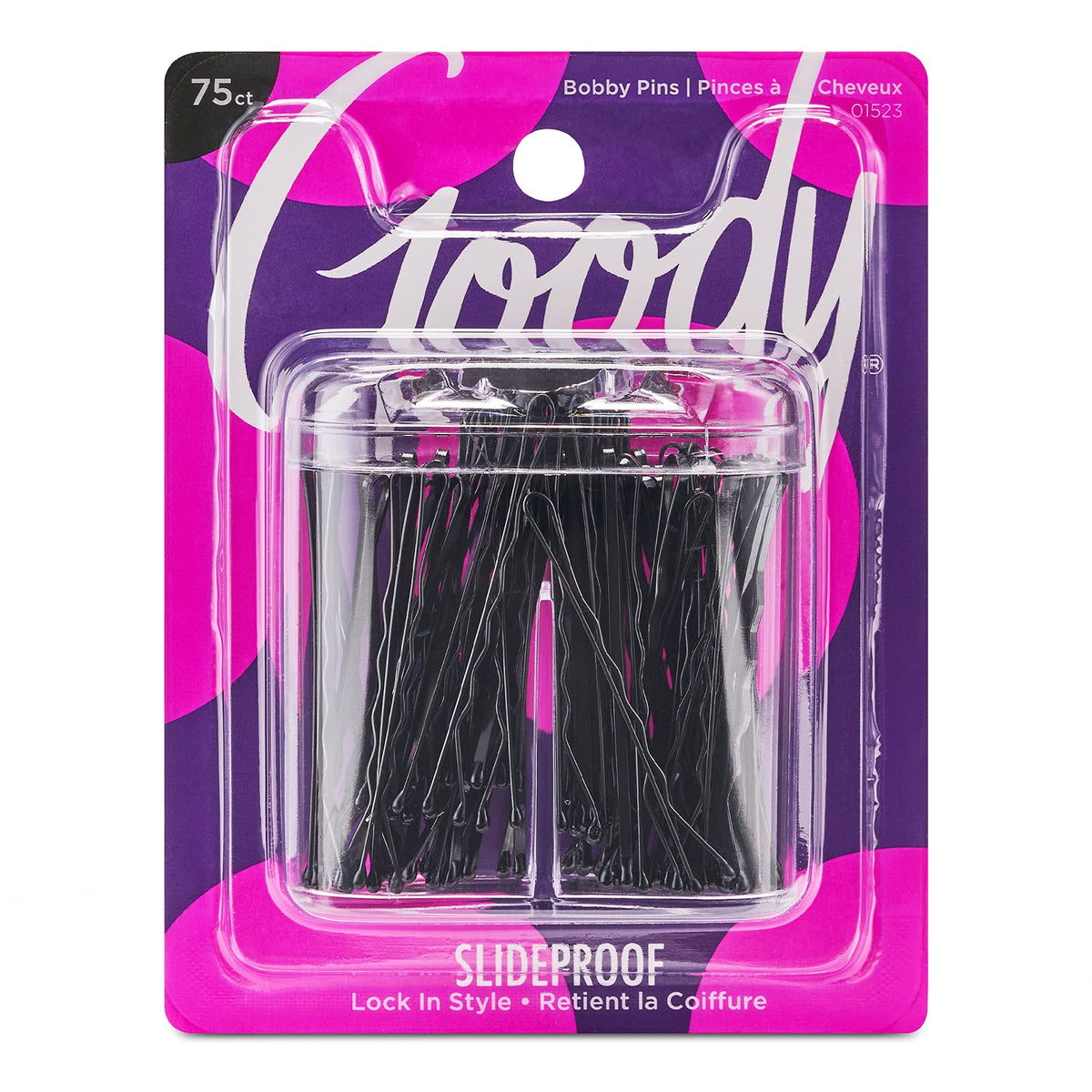 Goody Slideproof Bobby Pin Box - 75 Black Hair Pins, Comfortable & Pain-Free Styling Accessories