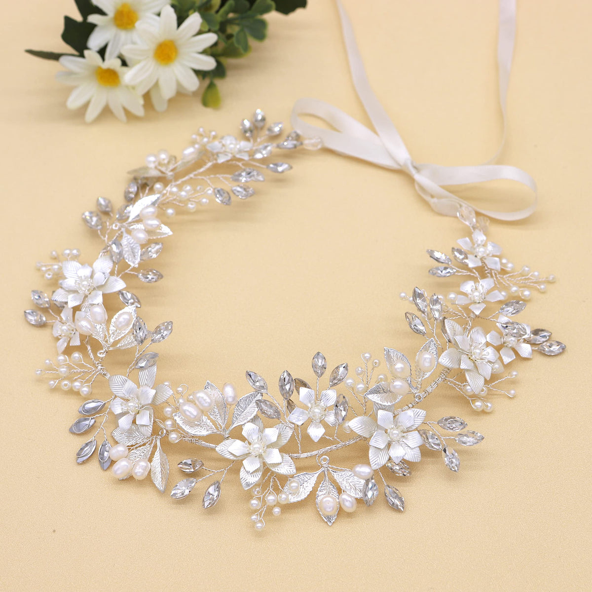 Oriamour Bridal Headband With Freshwater Pearls, Ribbons & Flower Design - Silver Hair Accessory