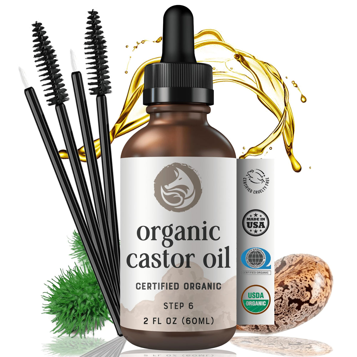 Foxbrim Naturals Organic Castor Oil with Wand & Brush Kit - USDA Certified, Hexane-Free, 2 oz