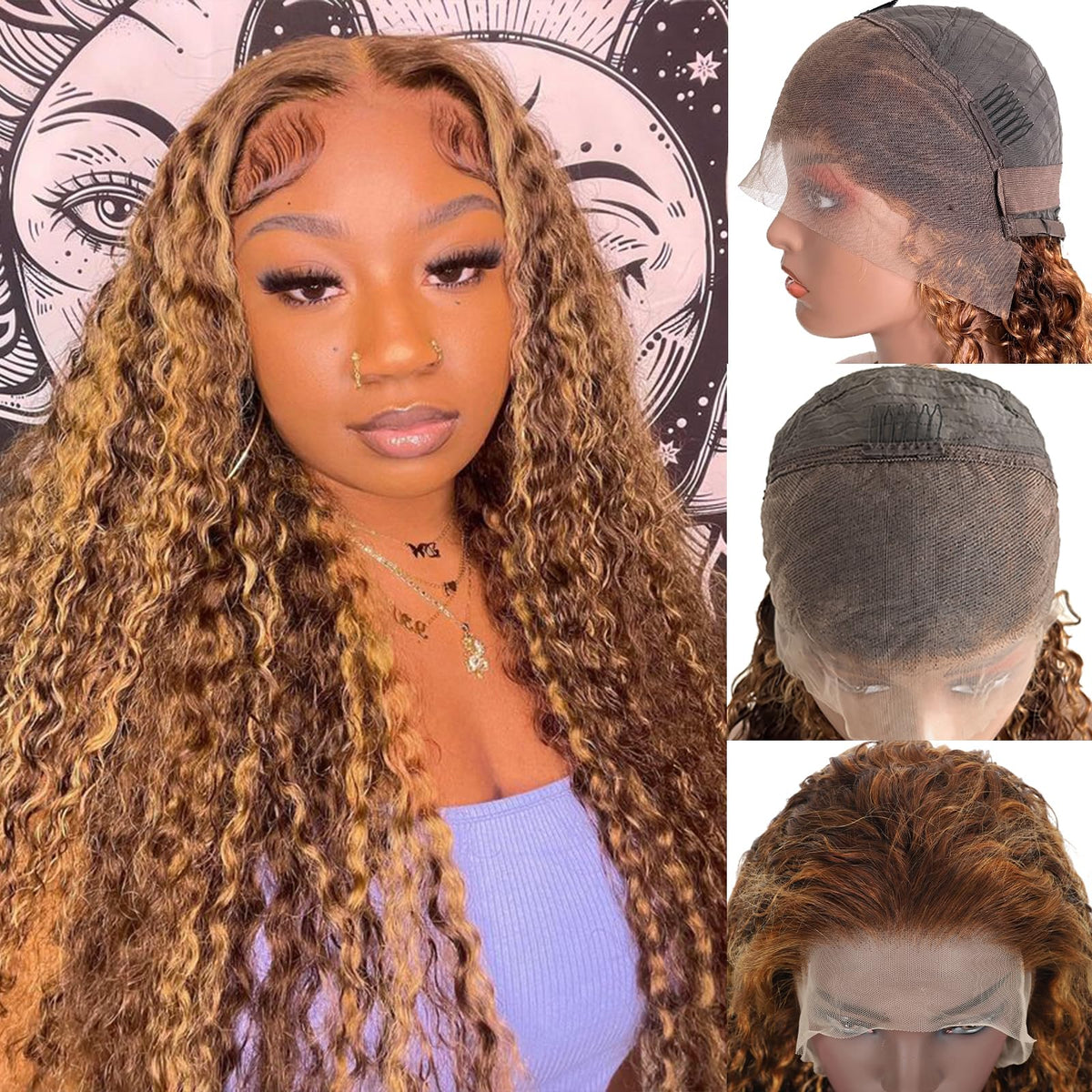 Tryfey 24&quot; Ombre Honey Blonde Water Curly Lace Front Wig, 180 Density, Hd Transparent, Human Hair