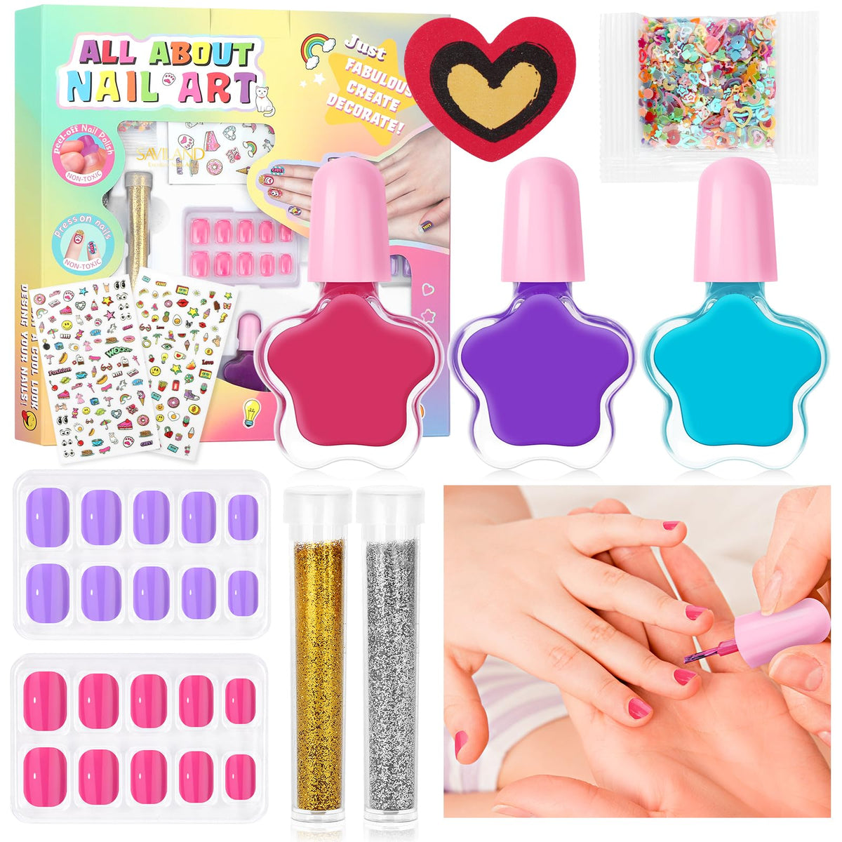 Saviland Kids Nail Polish - Non-Toxic Press On Nails With Stickers, Quick Dry, Safe Gift For Girls