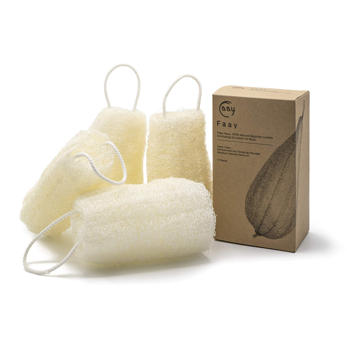 Faay 4 Pcs Natural Loofah Sponge Set - Eco-Friendly Exfoliating Body Scrubber For Soft Skin