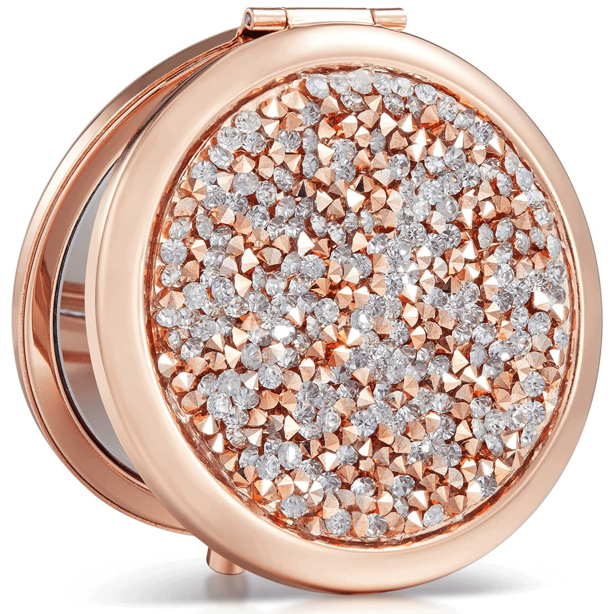 Omiro Rose Gold Diamond Pocket Makeup Mirror, 1X/10X Magnifying Compact, 2.6&quot; Metal