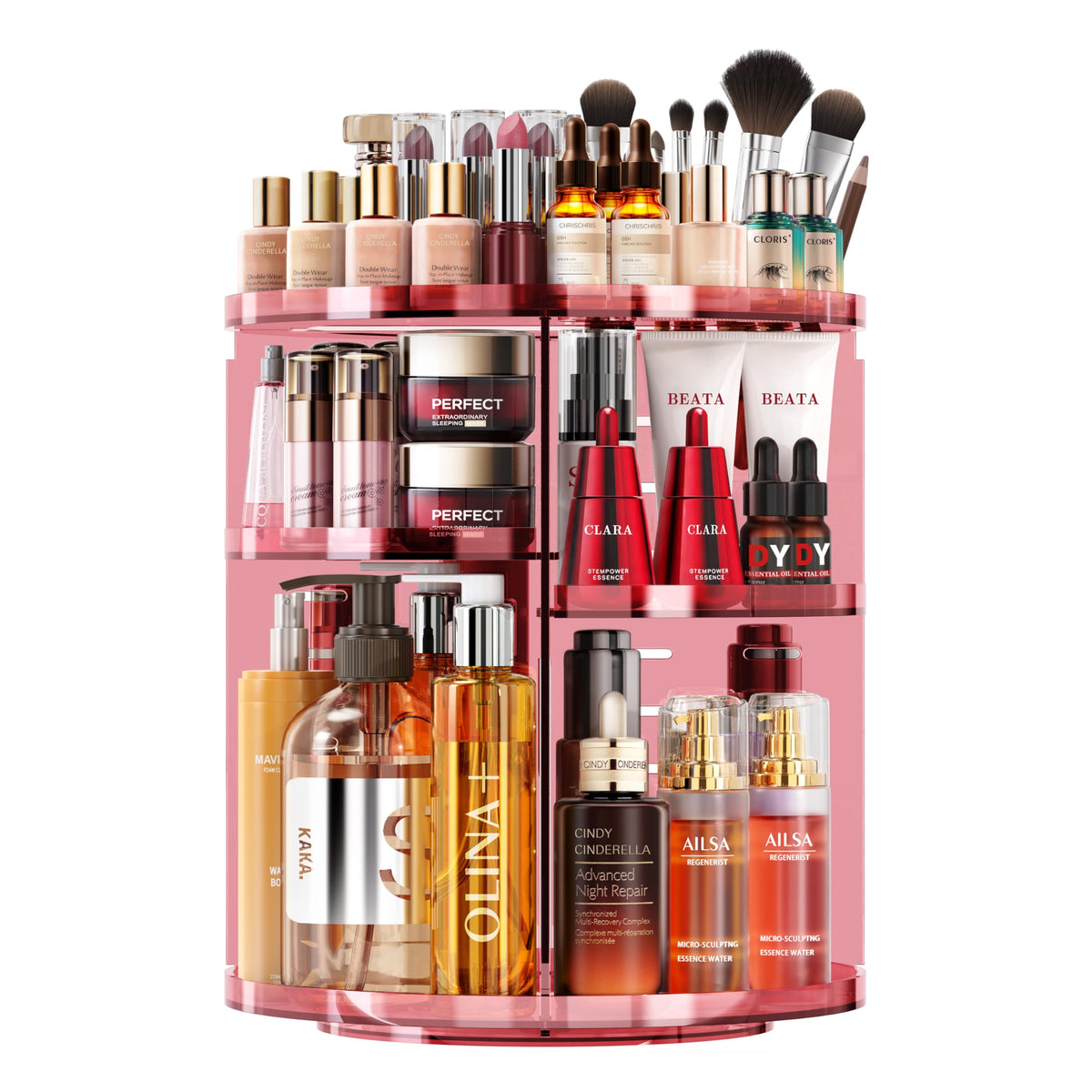 Auxmir Pink Rotating Makeup Organizer - 9 Adjustable Layers, Multi-Function Skincare Carousel