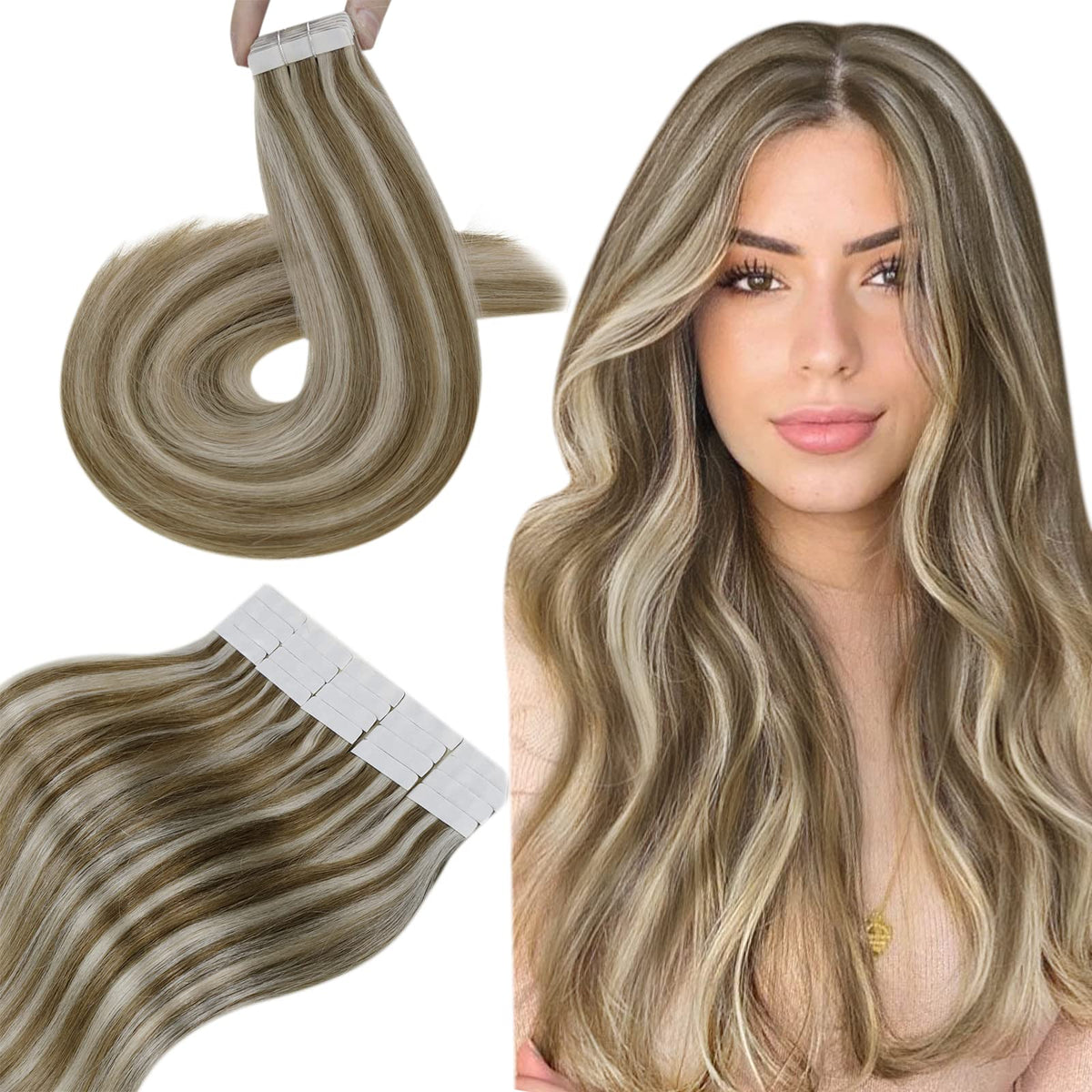 Hetto Tape In Human Hair Extensions, #10 Golden Brown & #613 Platinum, 14 Inch, 50G, 20Pcs