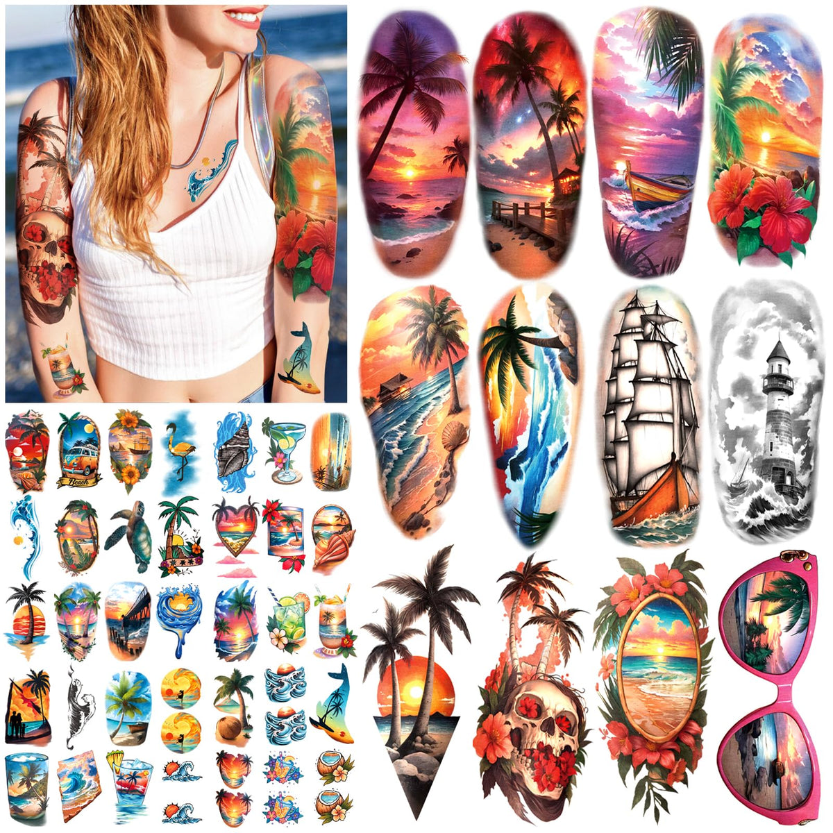 Atydkug 77 Sheets Temporary Tattoos - Beach Flower Skull & Ocean Designs For Adults & Kids