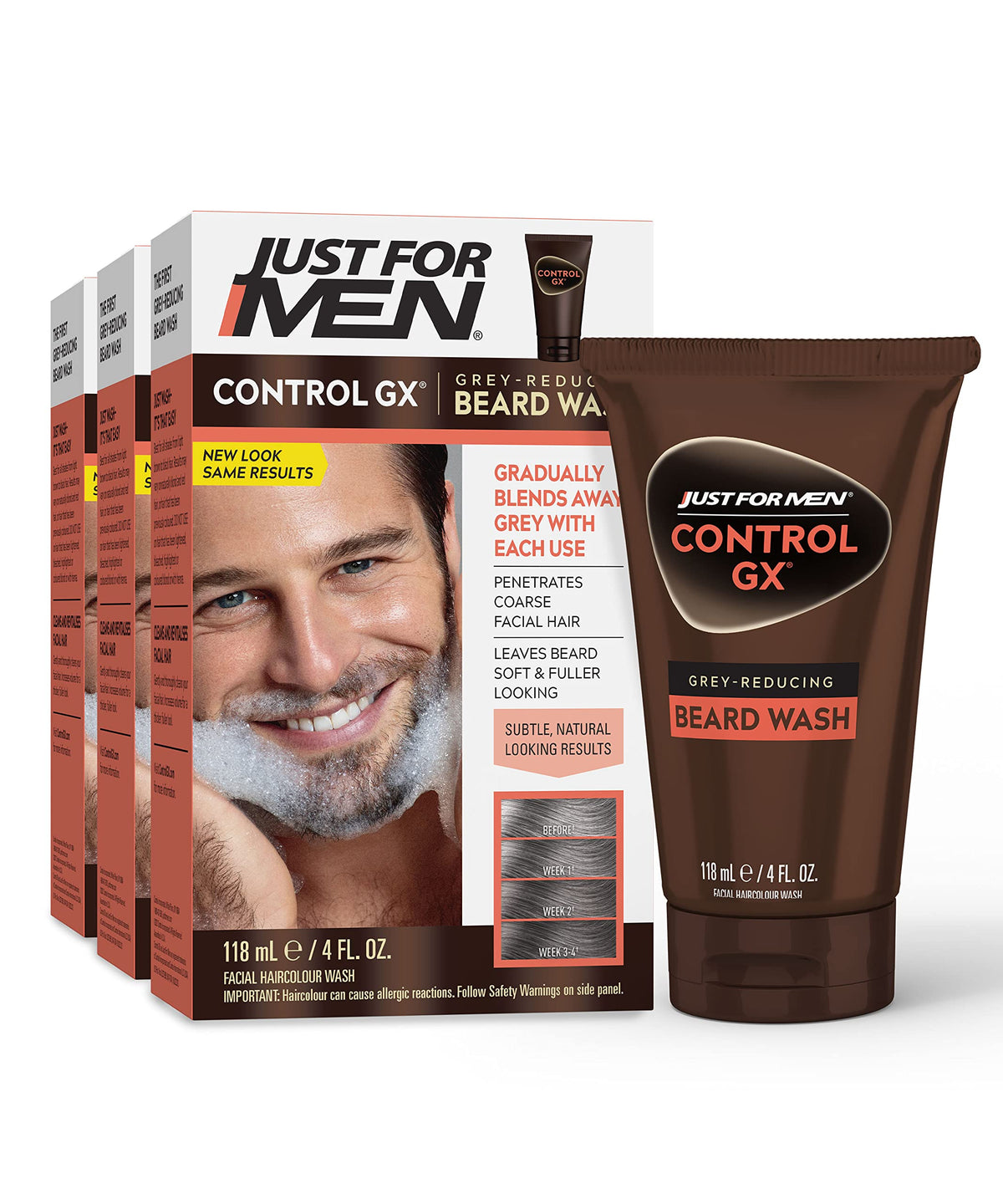 Just For Men Control Gx Grey Reducing Beard Wash, 4 Fl Oz, Pack Of 3 - Softens Facial Hair