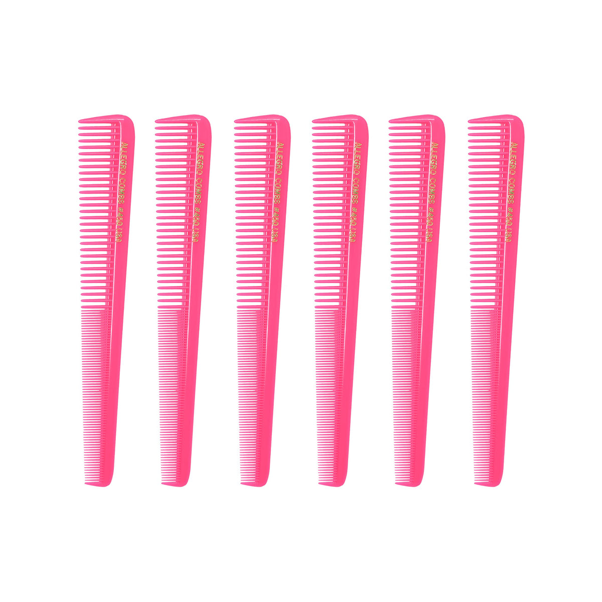 Allegro Combs 450 Tapered Hair Combs - 6 Pcs Neon Pink Barber & Hairstylist Combs,