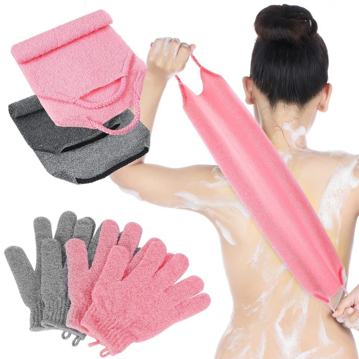 Breling 4 Pack Exfoliating Washcloth Set - 2 Body Scrubbers & 2 Shower Gloves For Men & Women