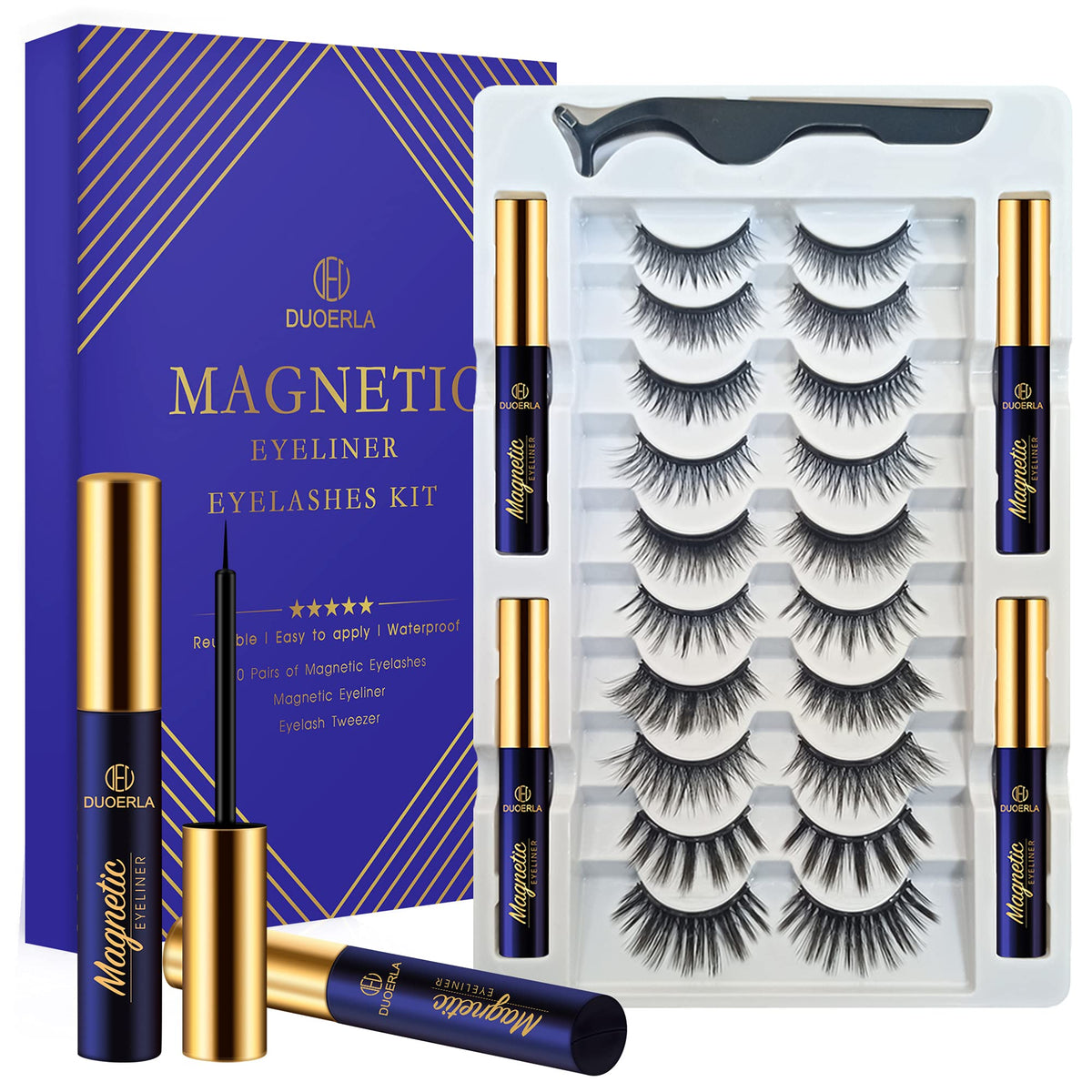 Del Duoerla Magnetic Lashes Kit - 10 Pairs Reusable With Waterproof Eyeliner, 3D Natural Look