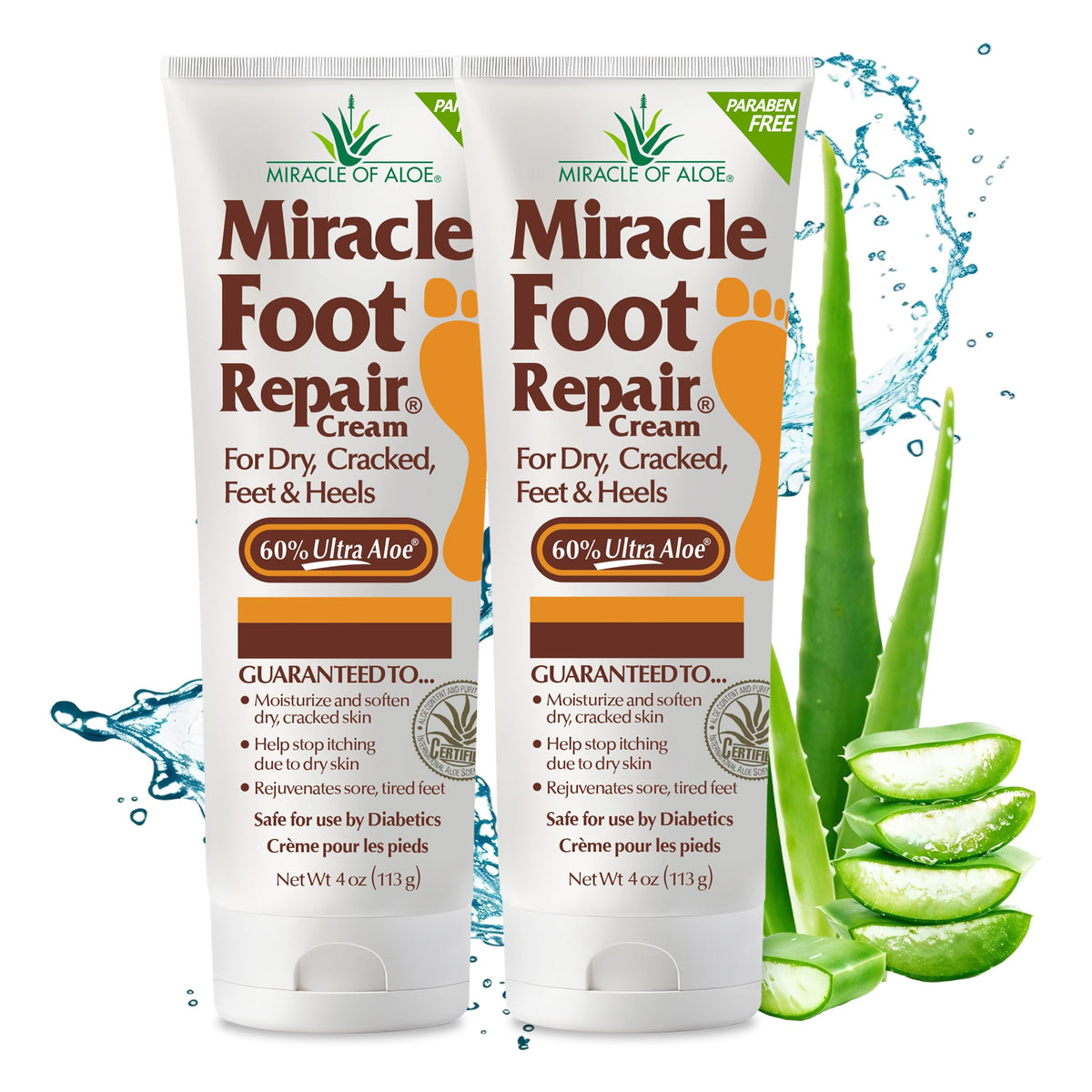 Miracle Of Aloe Miracle Foot Repair Cream 4 Oz - Diabetic-Safe, Heals Dry Cracked Heels (2-Pack)