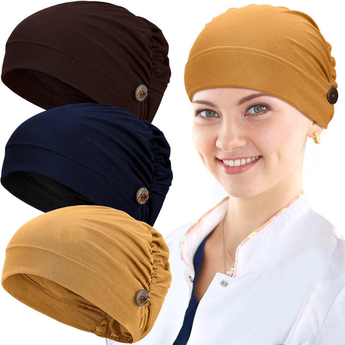 Geyoga 3 Pack Bouffant Caps With Buttons, Unisex Stretchy Headband Turbans, Coffee/Navy/Ginger