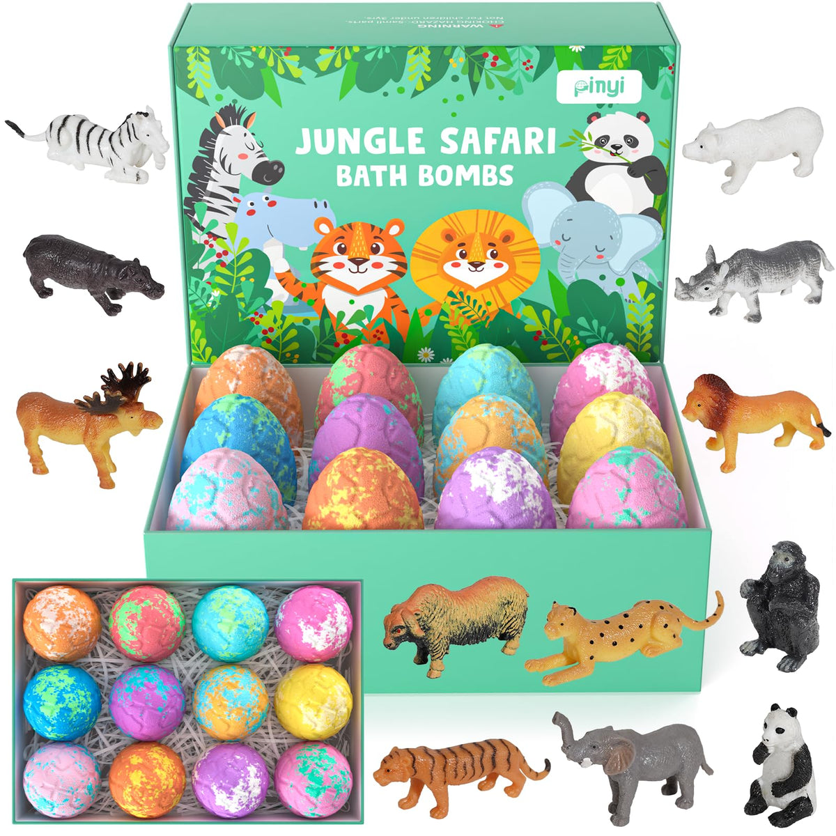 Pinyi Bath Bombs For Kids - 12 Pack Fizzy Balls With Jungle Animal Toys, Safe & Fun Gift Set