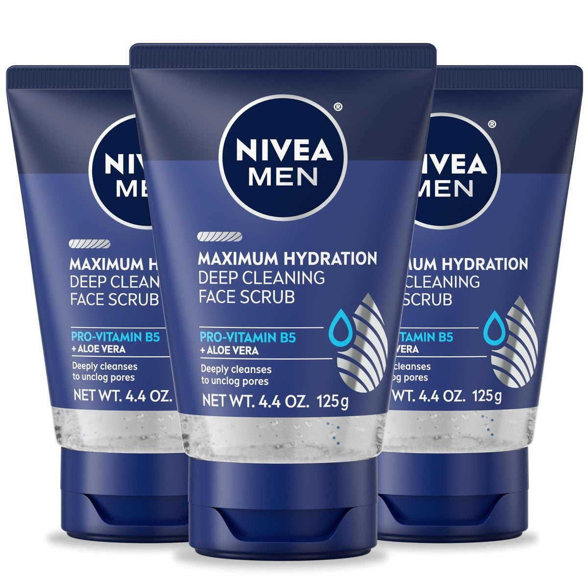 Nivea Men Maximum Hydration Deep Cleaning Face Scrub, Aloe Vera, 3 Pack, 4.4 Oz Tubes