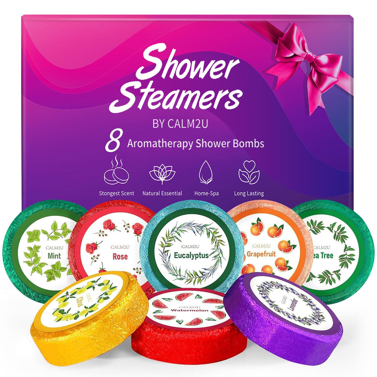 Calm2U Shower Steamers - 8 Pack Aromatherapy Gifts For Women, Spa Essential Oils, Purple