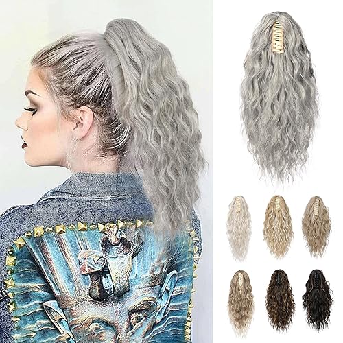 REECHO 14&quot; Claw Clip Ponytail Extension - Soft Wavy Synthetic Hairpiece in Grey/Brown/Silver/White