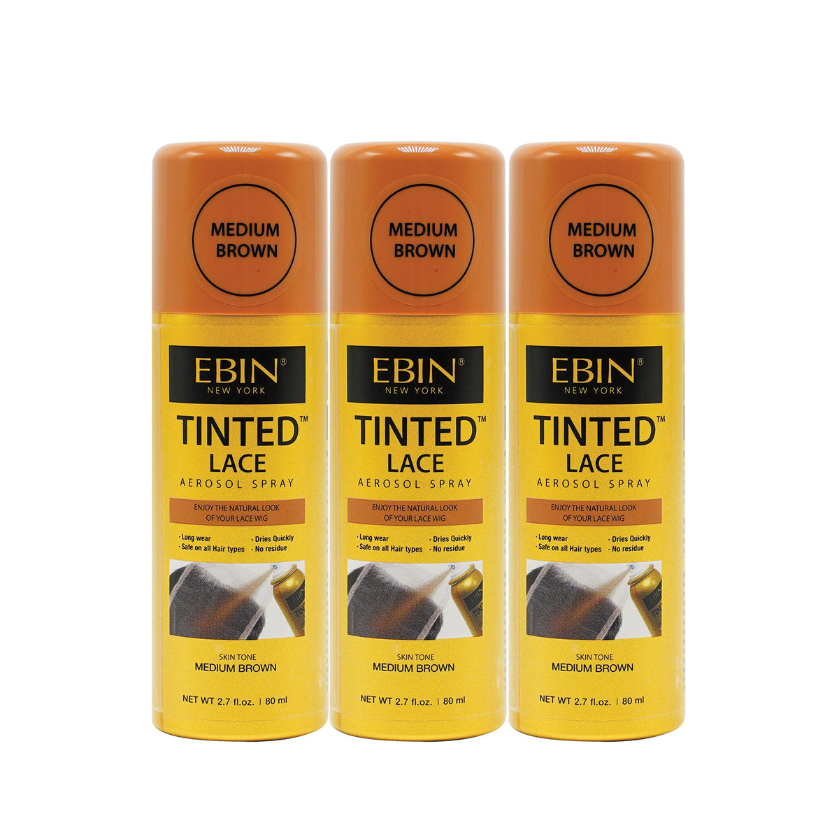 EBIN NEW YORK Tinted Lace Aerosol Spray 3pack - Medium Brown, Quick Dry, Natural Look 2.7 Oz