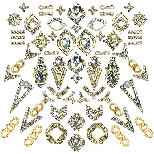 Qiipii 62Pcs Golden Alloy Nail Charms - Luxury Rhinestones 3D Nail Art Gems For Acrylic Nails