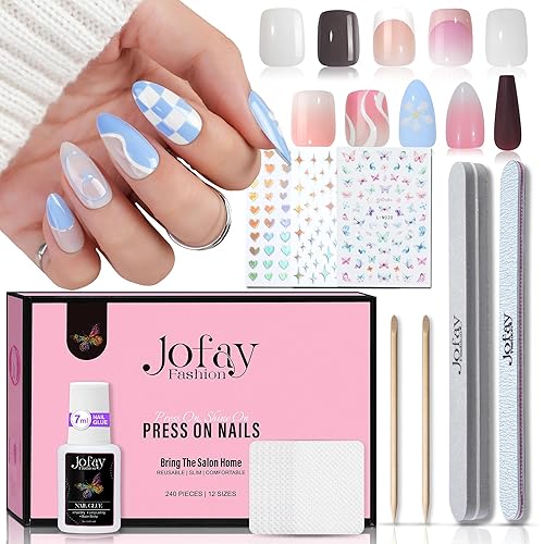 Jofay Fashion 10 Packs Press On Nails, Short Square French Tip, Acrylic Nail Set for Women