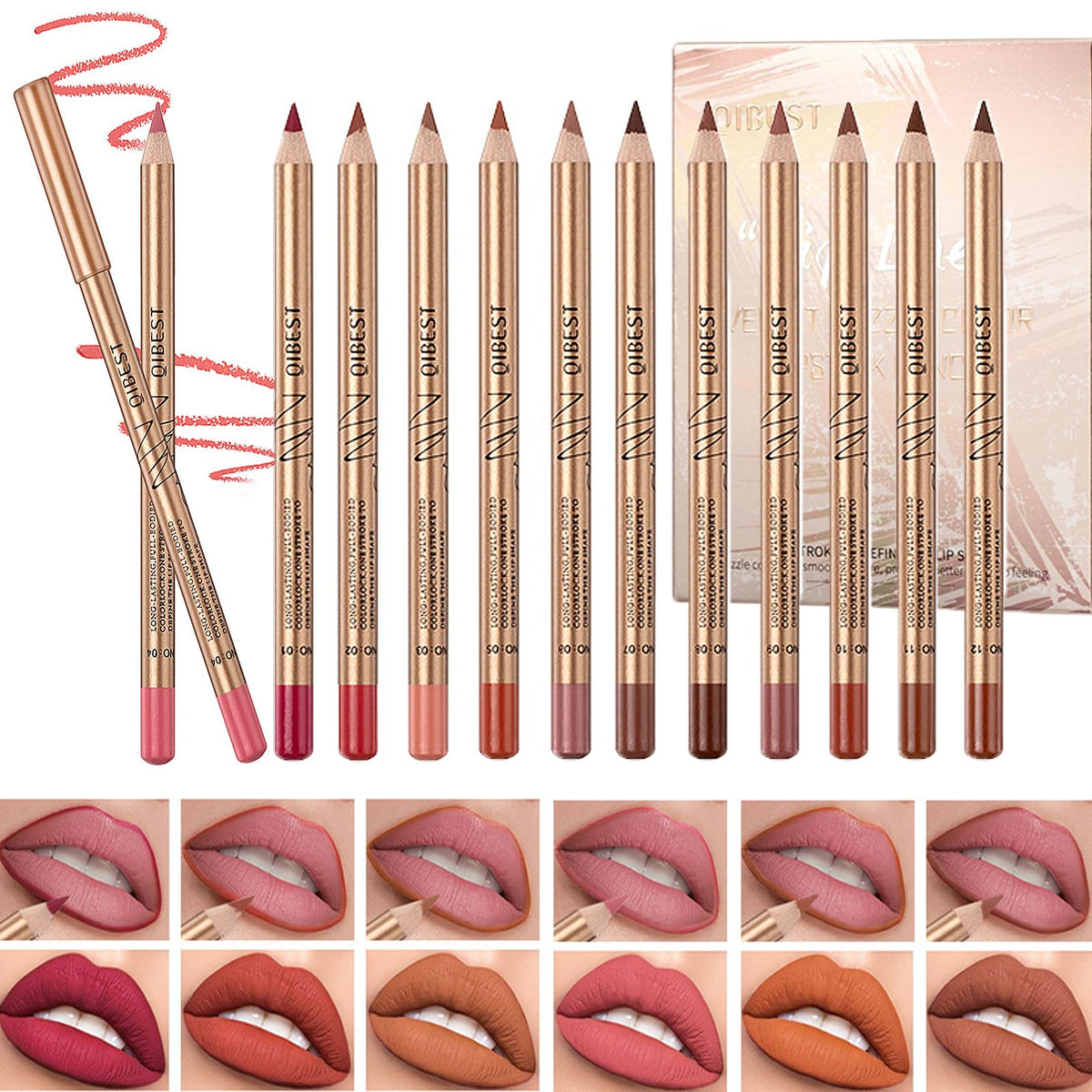 Denestup 12 Colors Lip Liner Set - Waterproof, Longwear, High Pigment Makeup Pencils