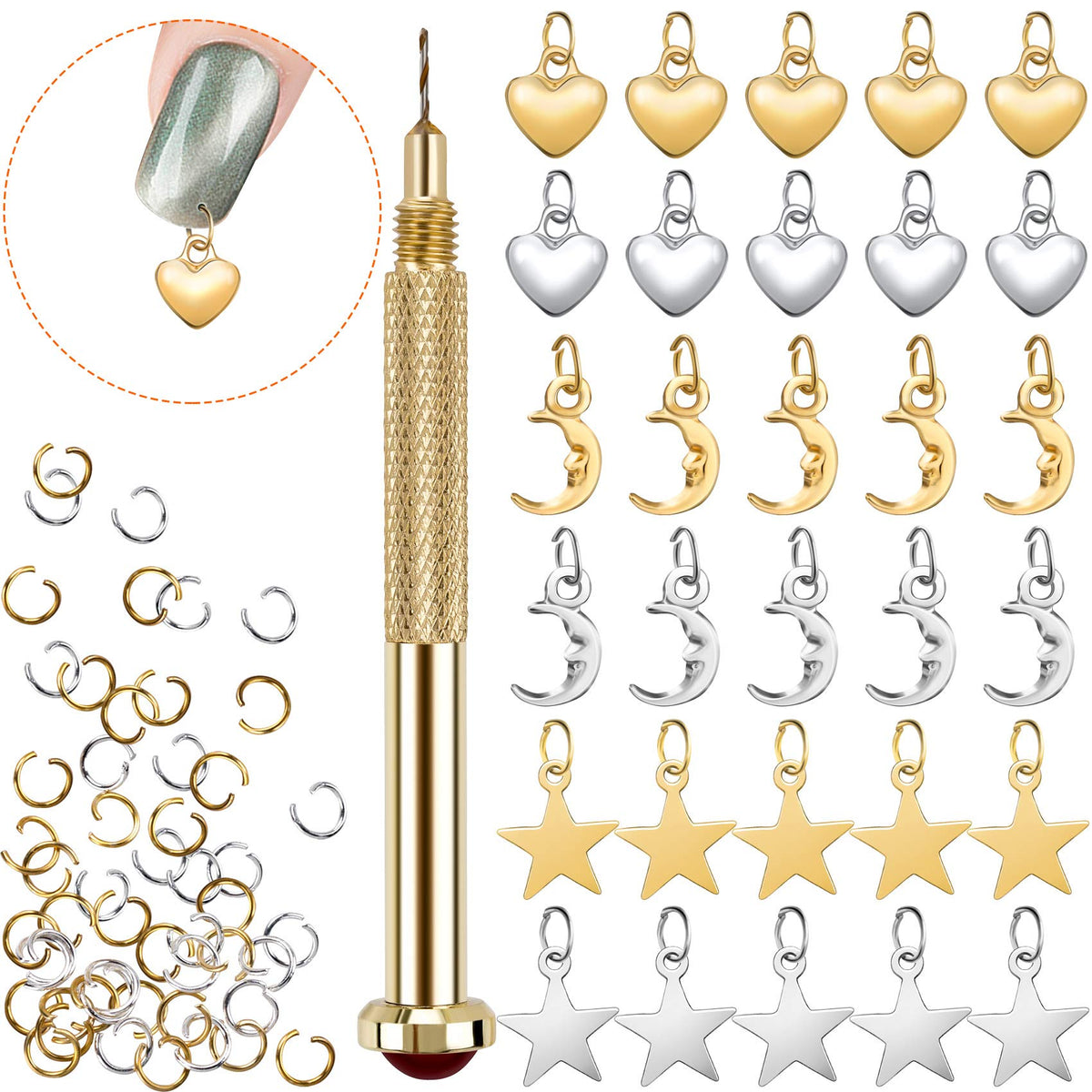 PAGOW 71 PCS Nail Art Charms with Drill Tool - Acrylic Dangle Jewelry Rings for Tips & Gels