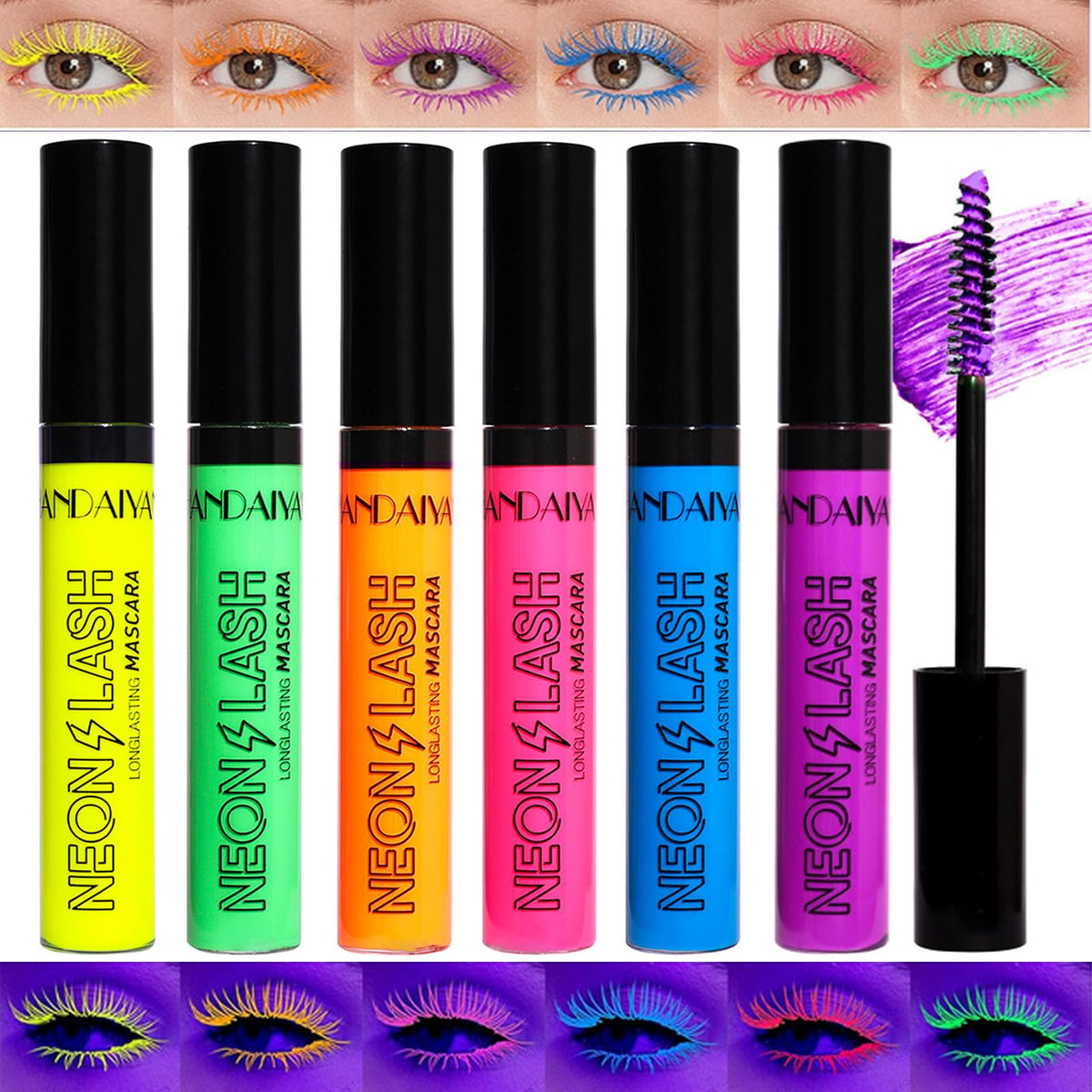 Ktouler 6 Pcs Colorful Fluorescent Mascara Set - Waterproof, Volumizing, Vegan Eye Makeup