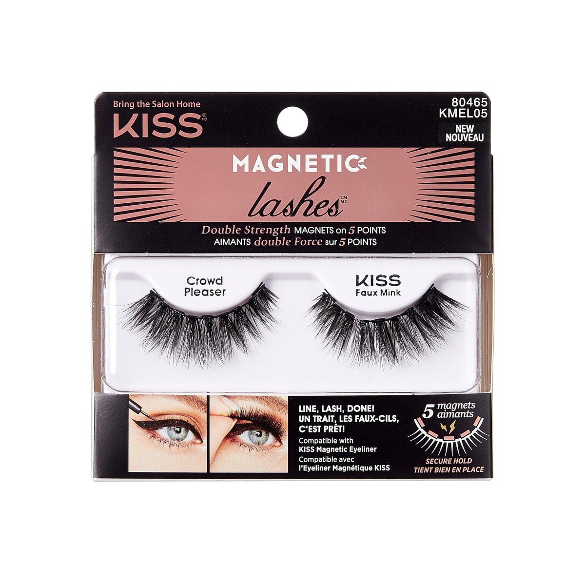 Kiss Magnetic Lashes - Crowd Pleaser, 5 Magnets, Wind Resistant, Reusable, 16-Hour Wear, Black