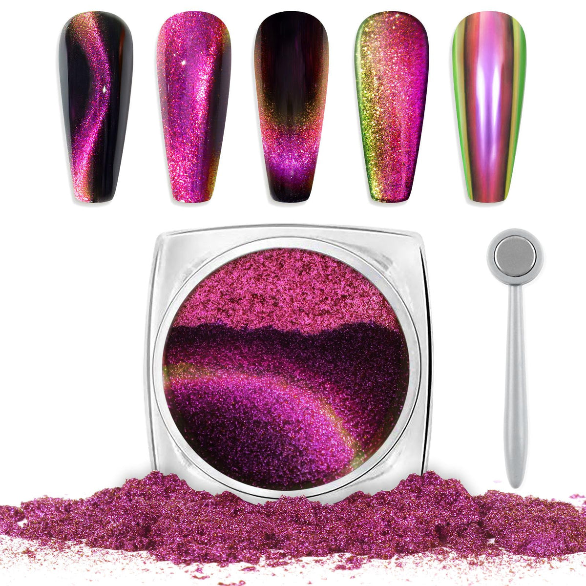 Laza Cat Eye Chrome Nail Powder - 9D Holographic Glitter For Velvet Nail Art - Pinky Purple Green