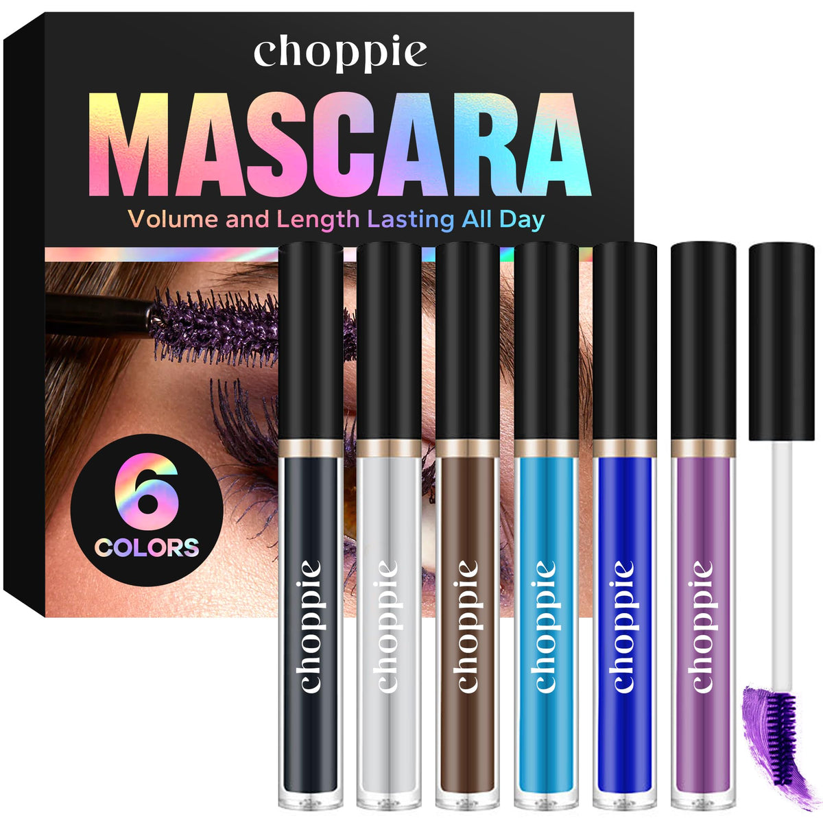 Choppie Multicoloured Waterproof Mascara Set - 6 Colors, Lengthening & Volumising, Lash Comb Included