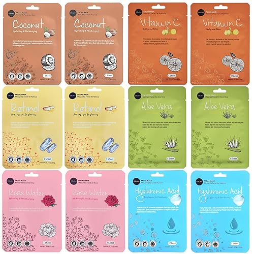 Celavi Essence Facial Mask Sheet - 12 Pack Moisturizing Skin Care (2 Of Each)