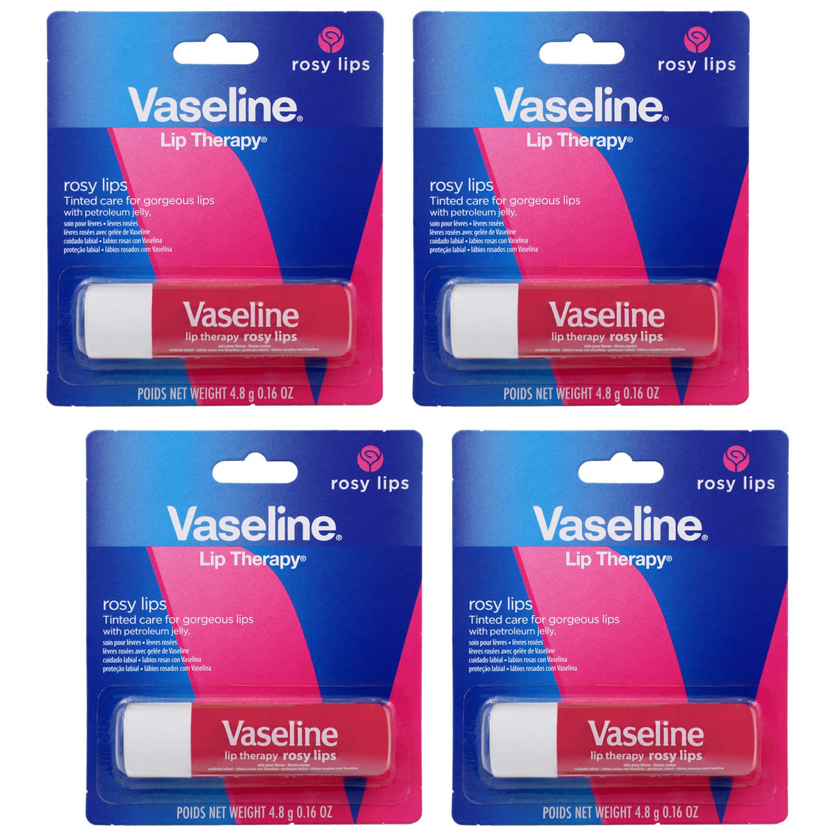 Vaseline Lip Therapy Rosy Balm, 4-Pack, 0.16 Oz Each, Nourishes Dry, Chapped Lips