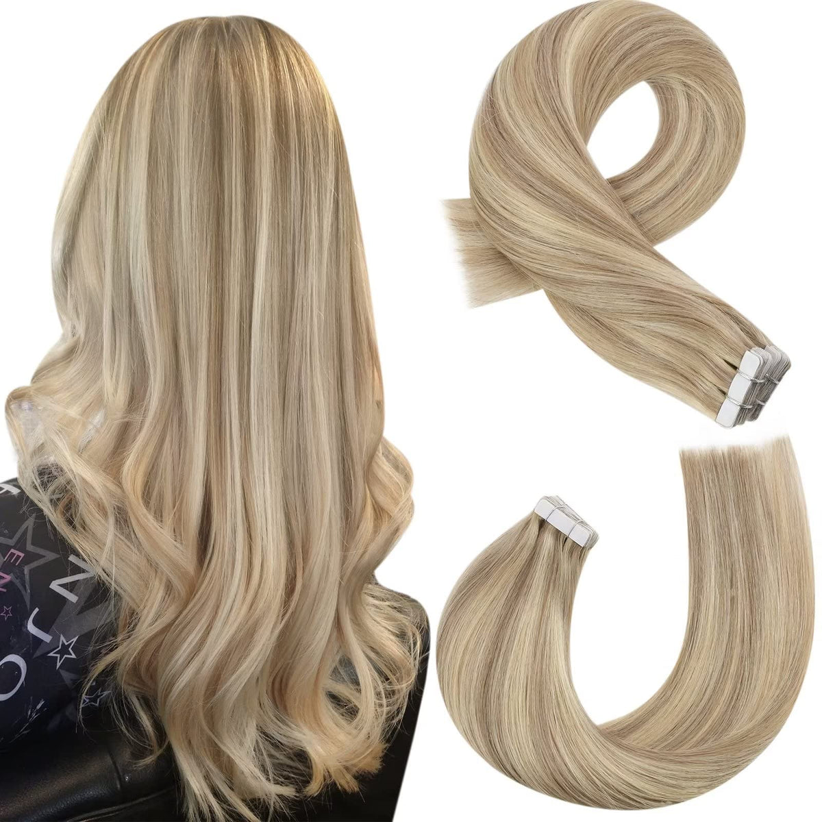 Moresoo 14&quot; Tape in Hair Extensions, Real Human Hair, Honey Blonde Highlights, 20pcs 50g