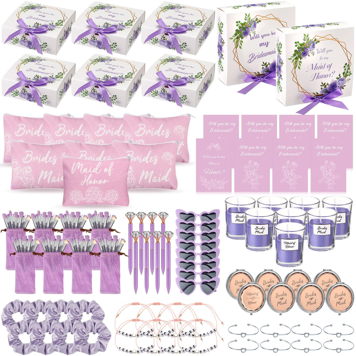 Nuogo 88 Pcs Bridesmaid Proposal Gifts - Makeup Bags, Cards, Bracelets & Pens (Purple)